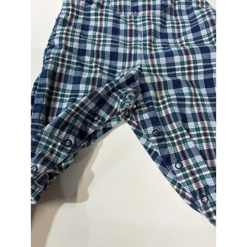 Vintage OshKosh Blue Green White Plaid Cotton Bib Overalls One-Piece 12m